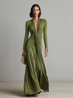 Olivgrünes Maxi-Kleid mit V-Ausschnitt