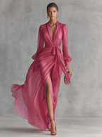 Rosa V-Ausschnitt Chiffonkleid
