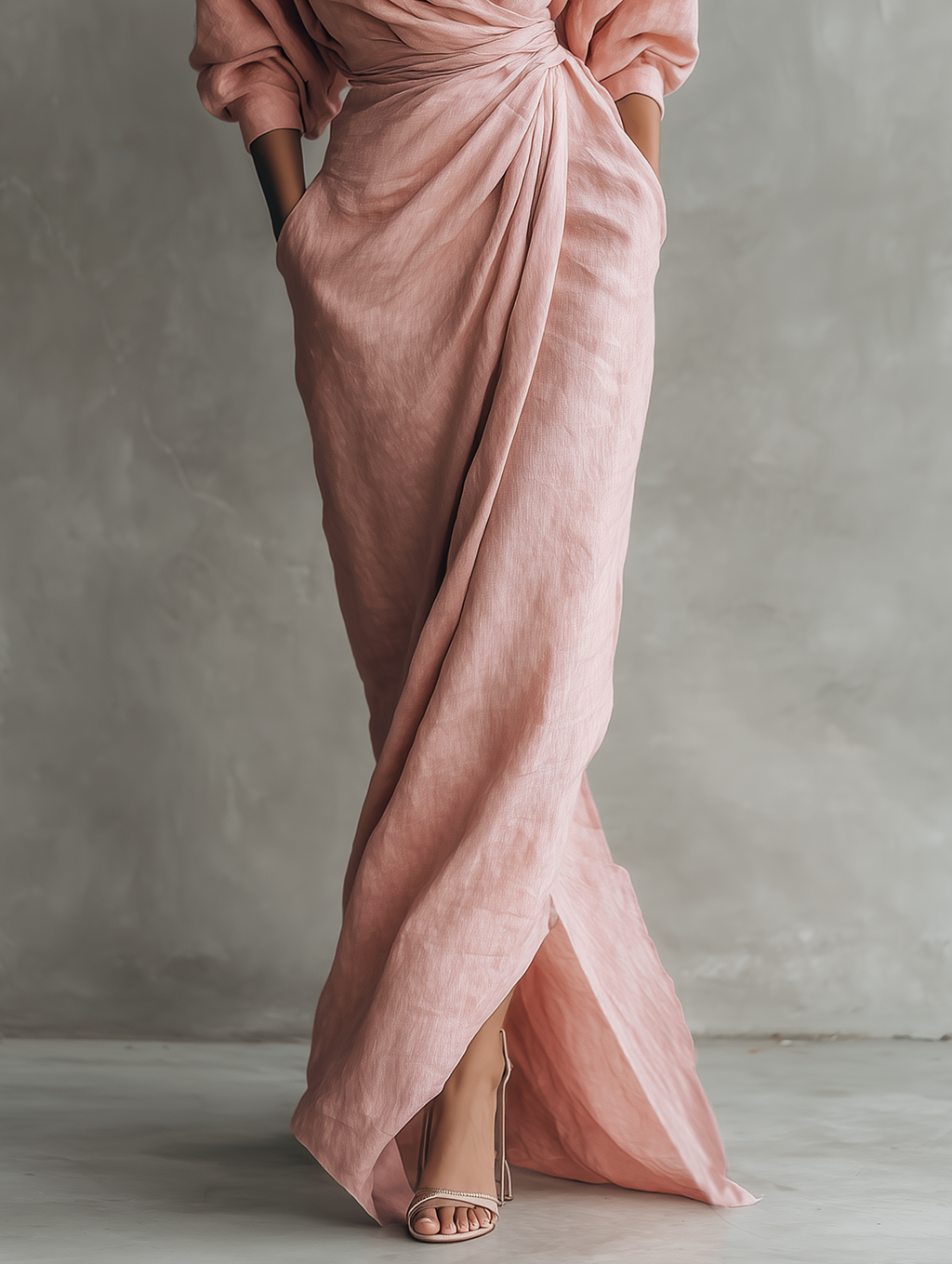 Rosa V-Hals Maxi Kleid aus Leinen