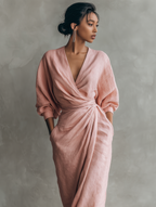 Rosa V-Hals Maxi Kleid aus Leinen