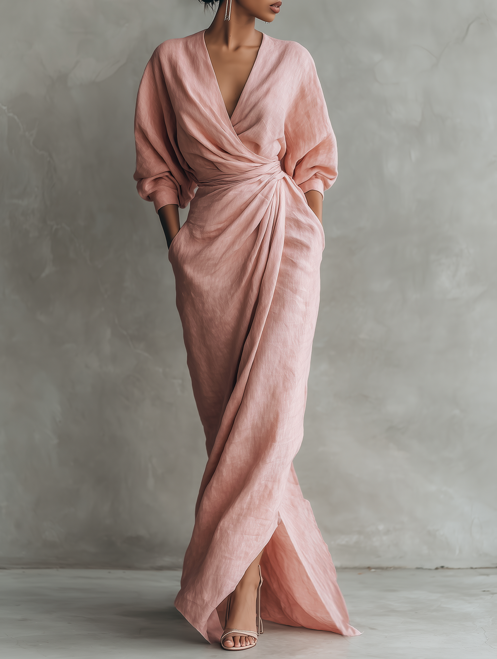 Rosa V-Hals Maxi Kleid aus Leinen