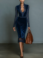Samtkleid Midi mit V-Ausschnitt und Spitzenakzenten