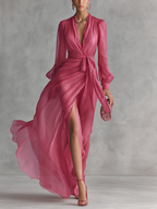Rosa V-Ausschnitt Chiffonkleid