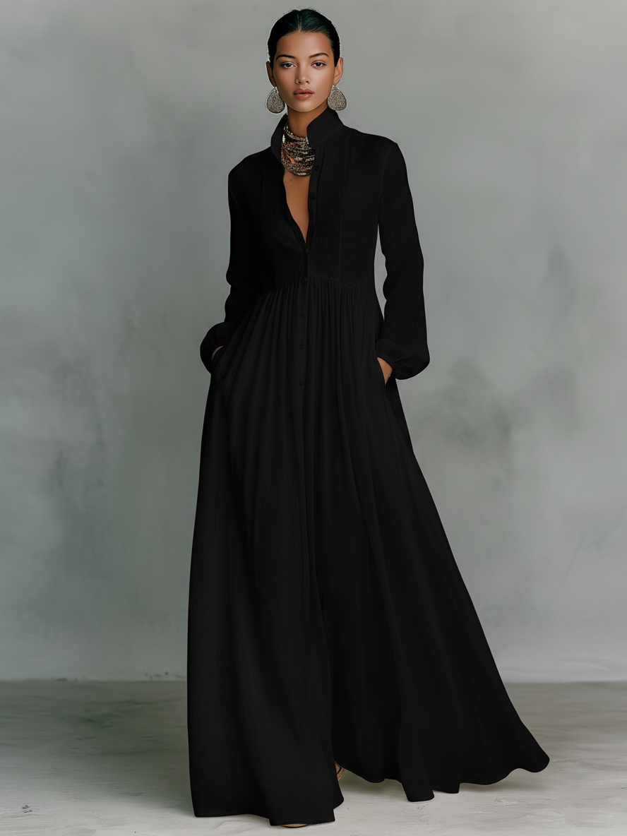 Maxi Kleid mit Stehkragen aus Patchwork-Leinen