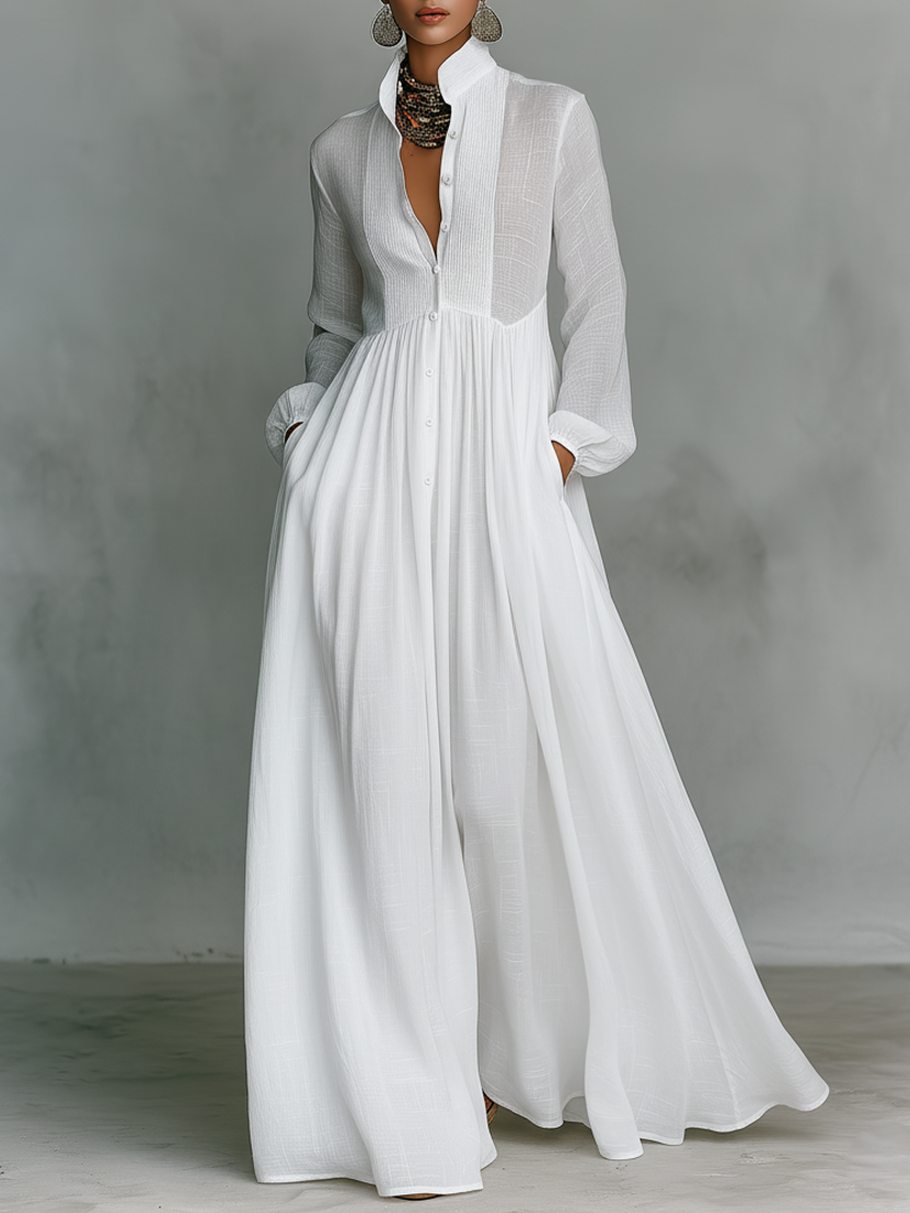 Maxi Kleid mit Stehkragen aus Patchwork-Leinen