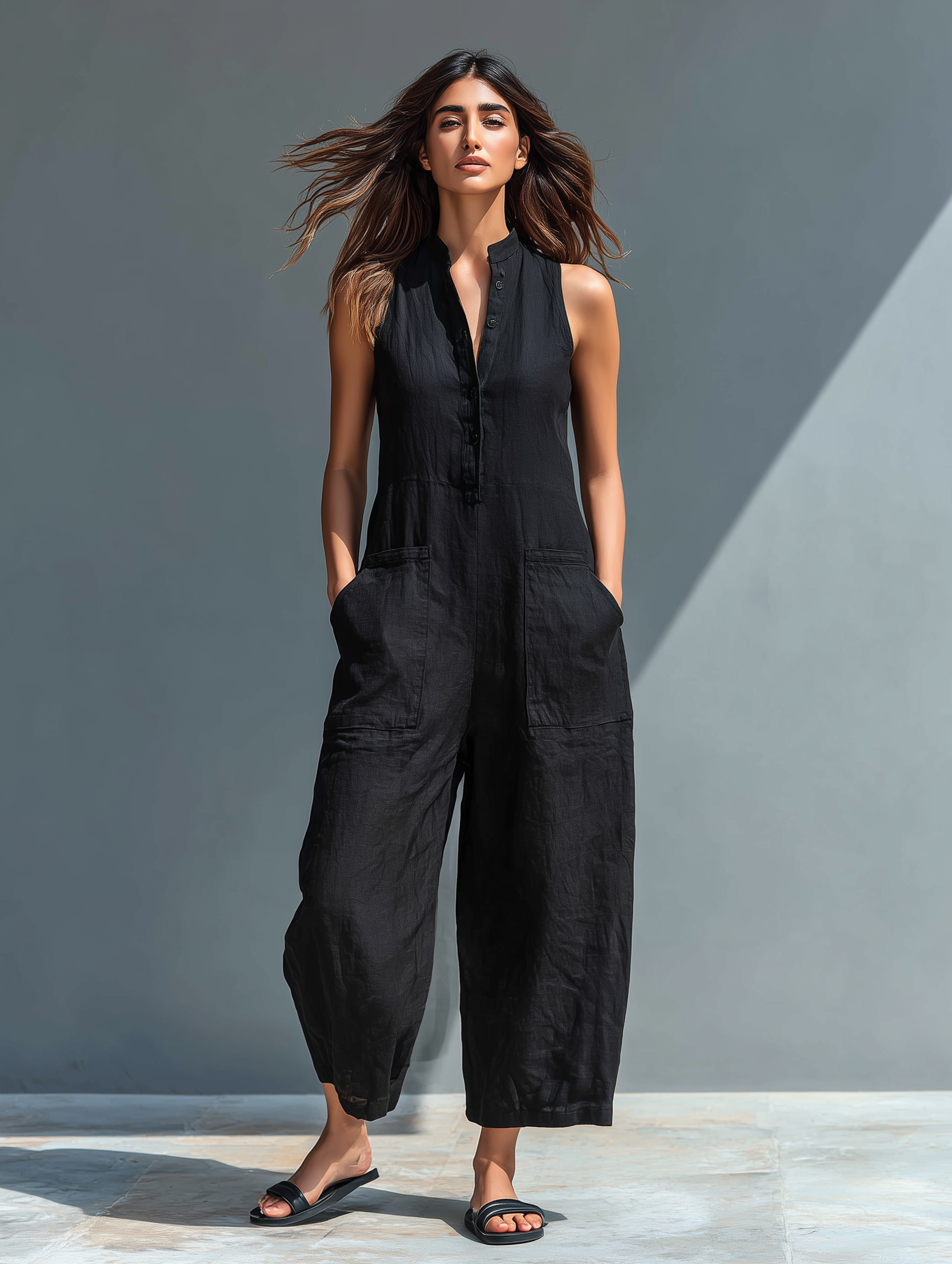 Ärmellose Leinen Latzhose für Damen