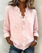 Indie | Bluse mit Rüschen, V-Ausschnitt und langen Ärmeln" 

Rewritten: "Indie | Ruffled Blouse with V-Neck and Long Sleeves