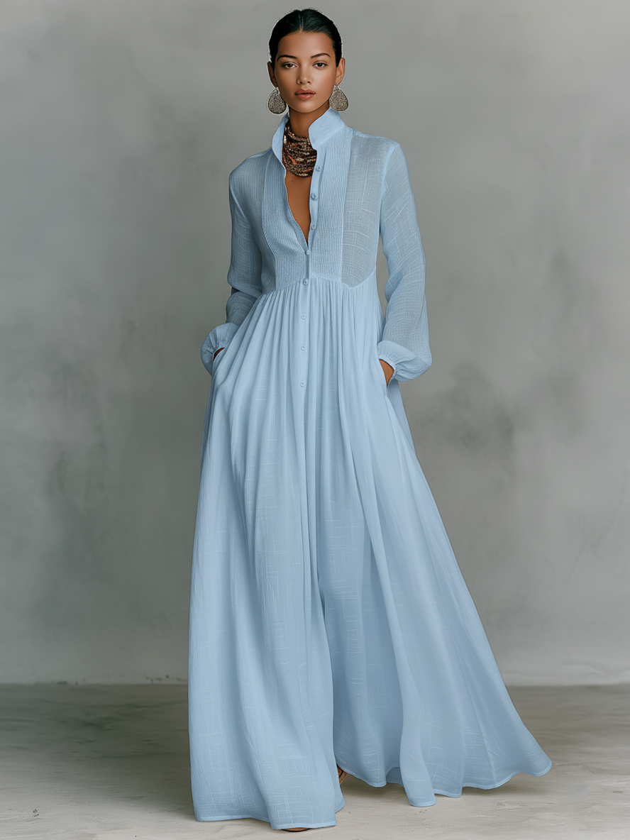 Maxi Kleid mit Stehkragen aus Patchwork-Leinen