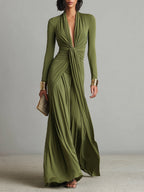 Olivgrünes Maxi-Kleid mit V-Ausschnitt