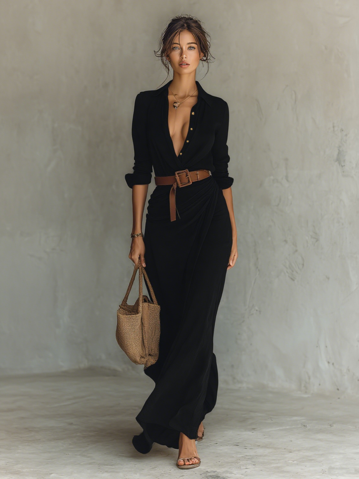 Langarm Maxikleid mit Reverskragen
