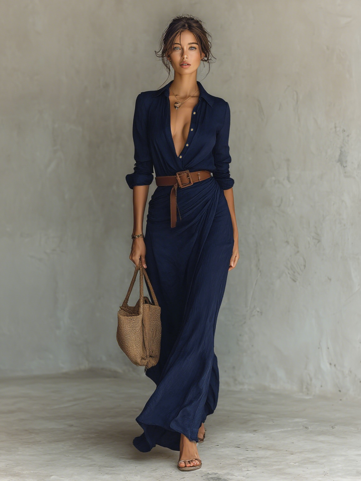 Langarm Maxikleid mit Reverskragen