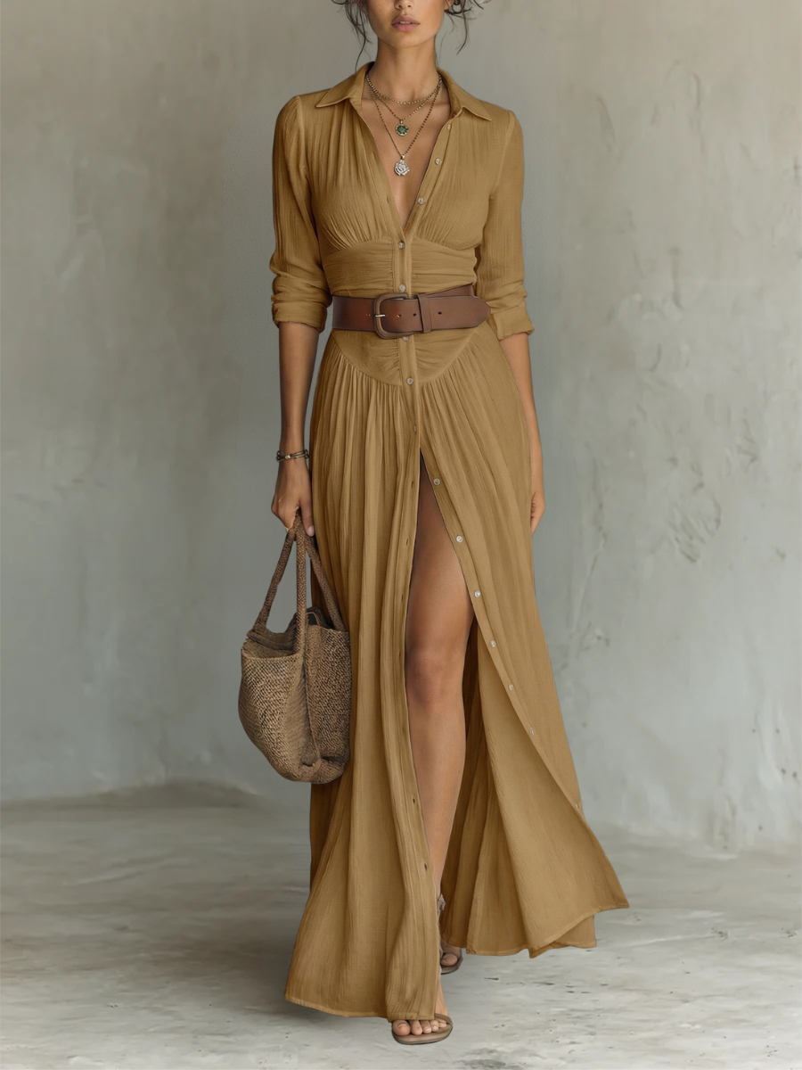 Langarm-Leinen-Maxikleid mit Reverskragen