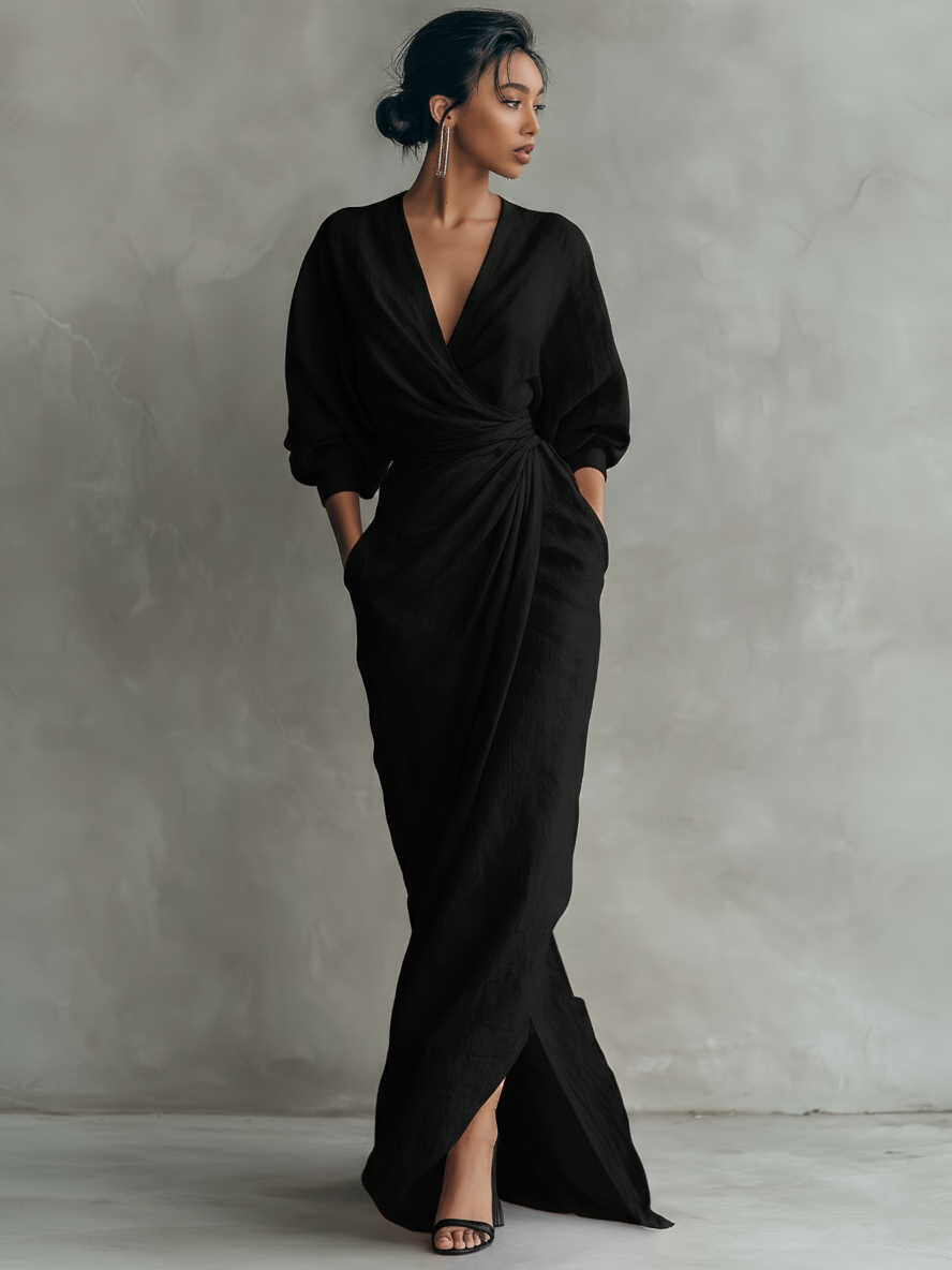 Rosa V-Hals Maxi Kleid aus Leinen