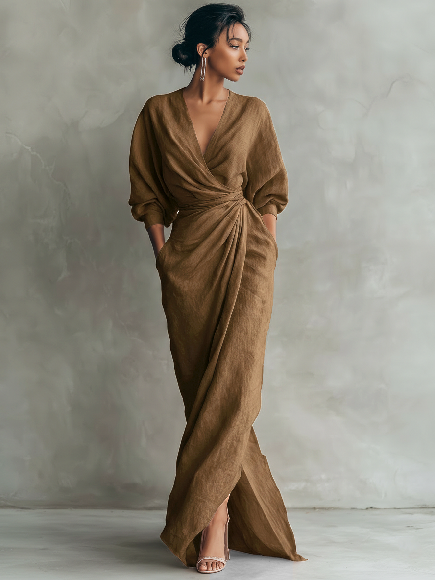 Rosa V-Hals Maxi Kleid aus Leinen