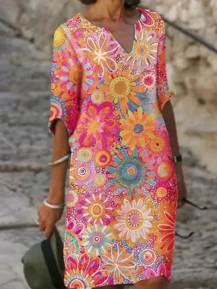 "Nira | Lebhaftes Blumen-Midi-Kleid" can be rewritten as "Nira | Buntes Blumen-Midi-Kleid".