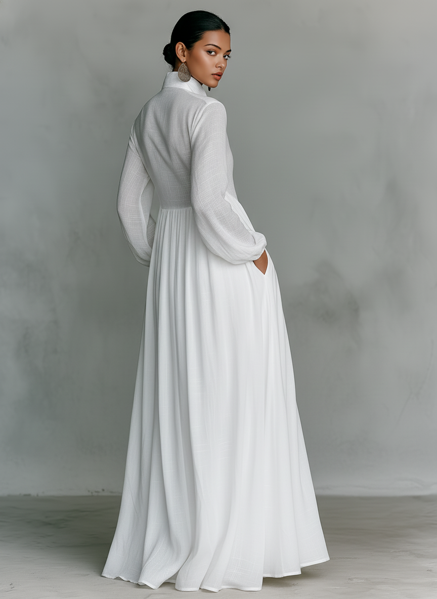 Maxi Kleid mit Stehkragen aus Patchwork-Leinen