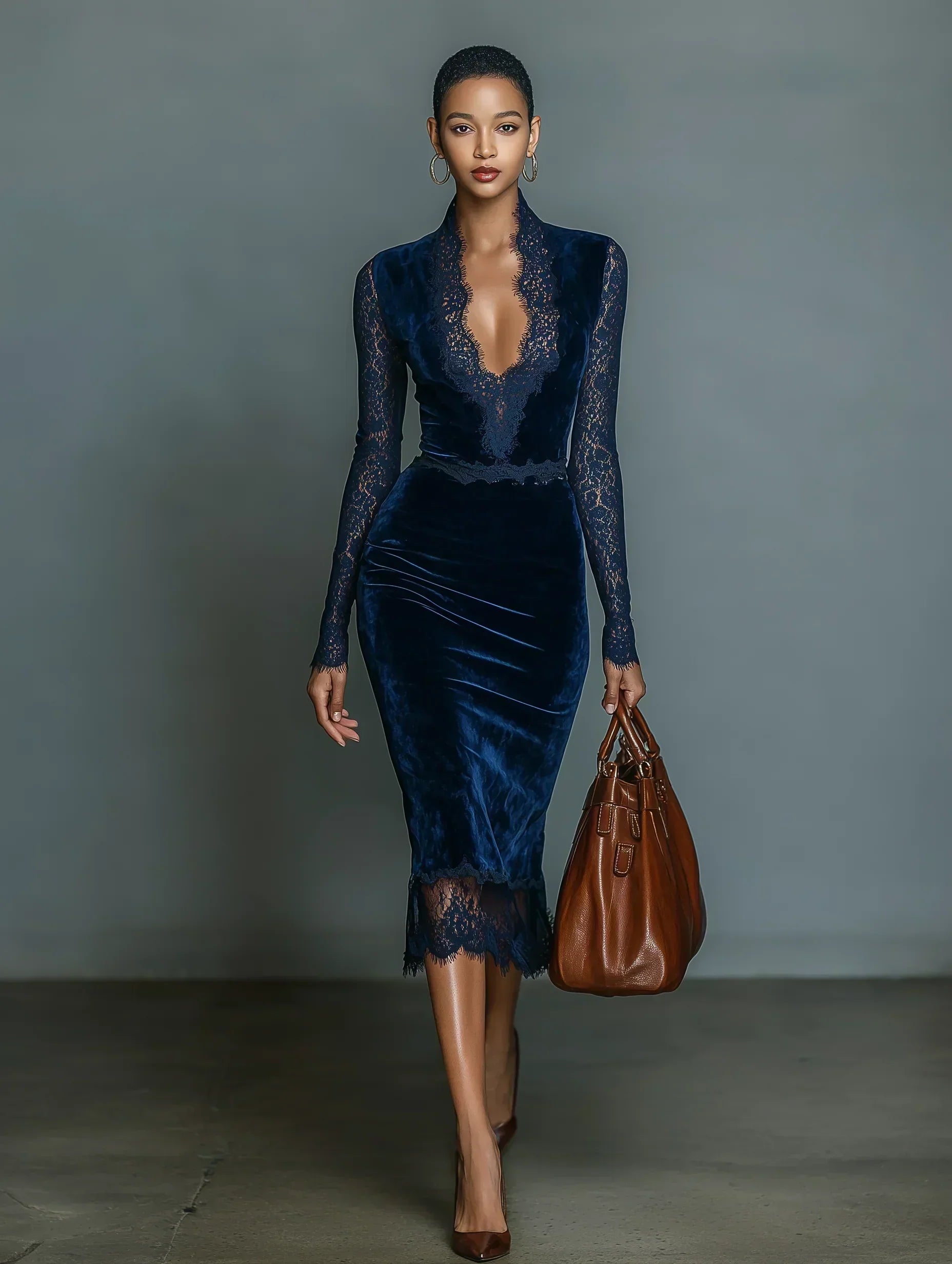 Samtkleid Midi mit V-Ausschnitt und Spitzenakzenten