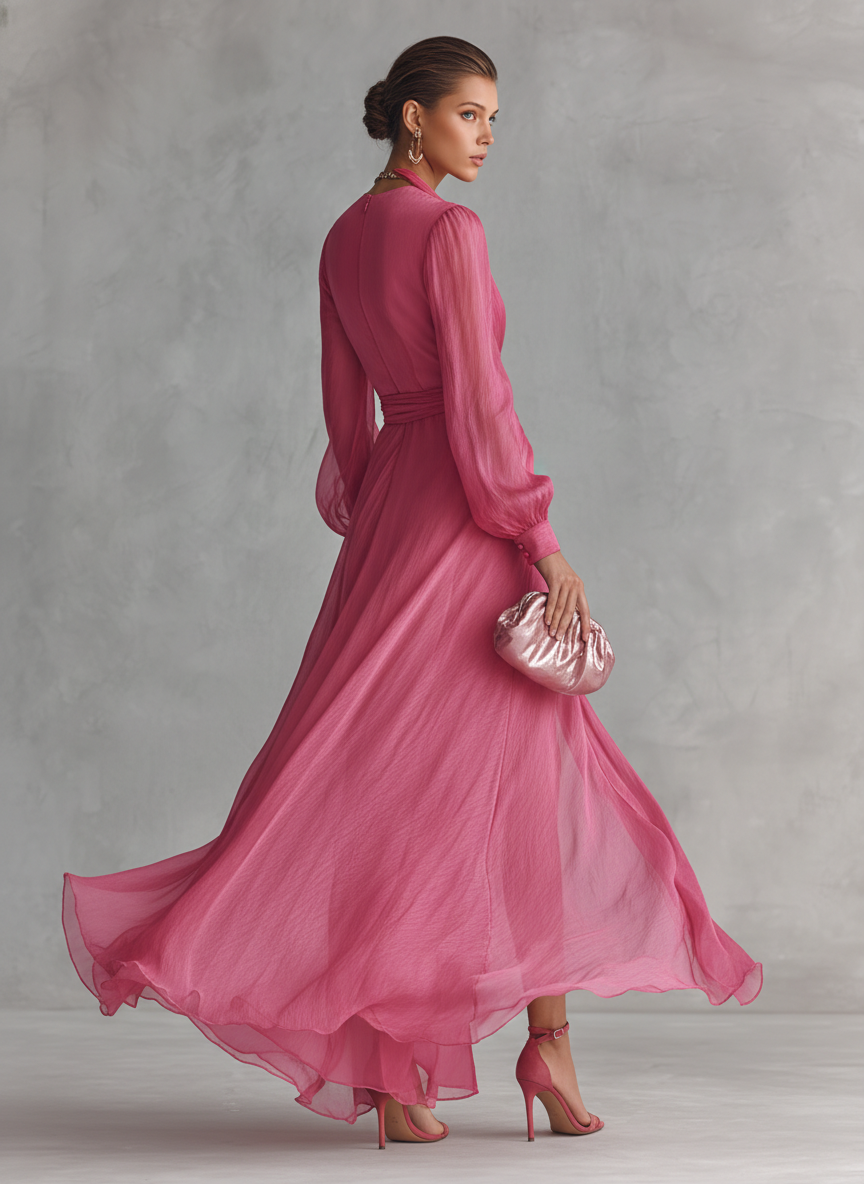 Rosa V-Ausschnitt Chiffonkleid