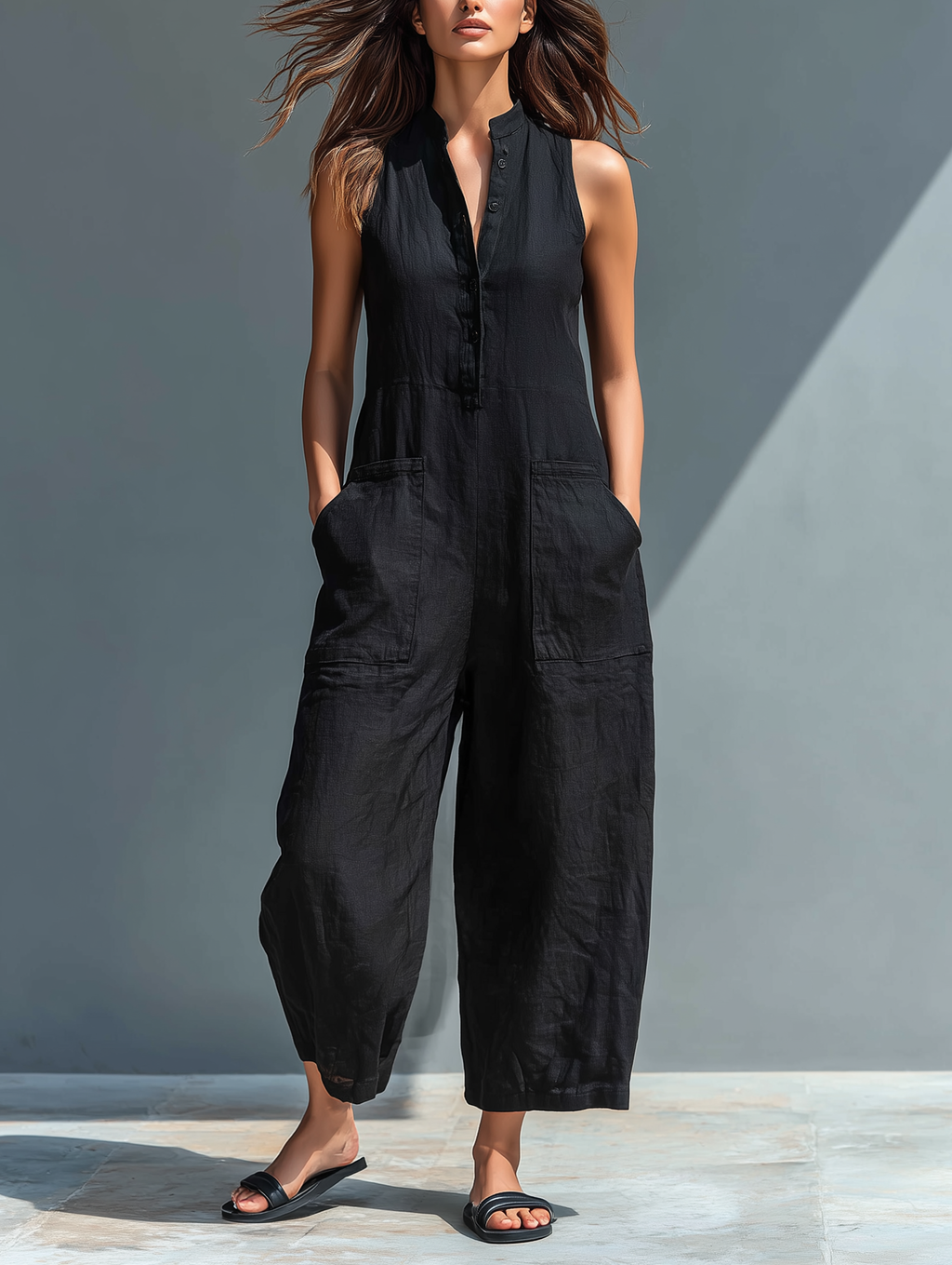 Larson - Ärmellose minimalistische Damen-Latzhose aus Mischleinen mit hohem Kragen und Knopfdetails