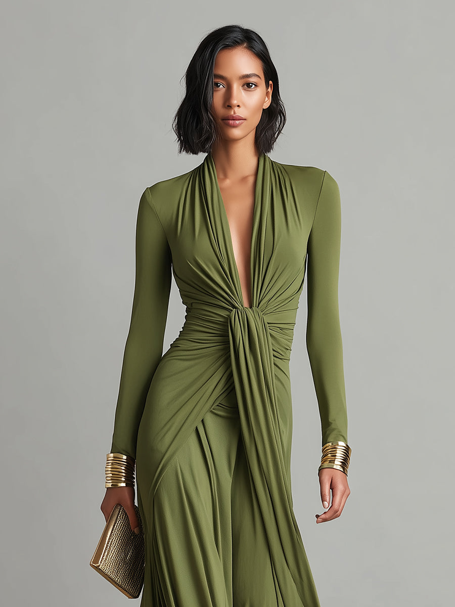 Olivgrünes Maxi-Kleid mit V-Ausschnitt