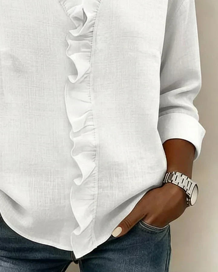 Indie | Bluse mit Rüschen, V-Ausschnitt und langen Ärmeln" 

Rewritten: "Indie | Ruffled Blouse with V-Neck and Long Sleeves