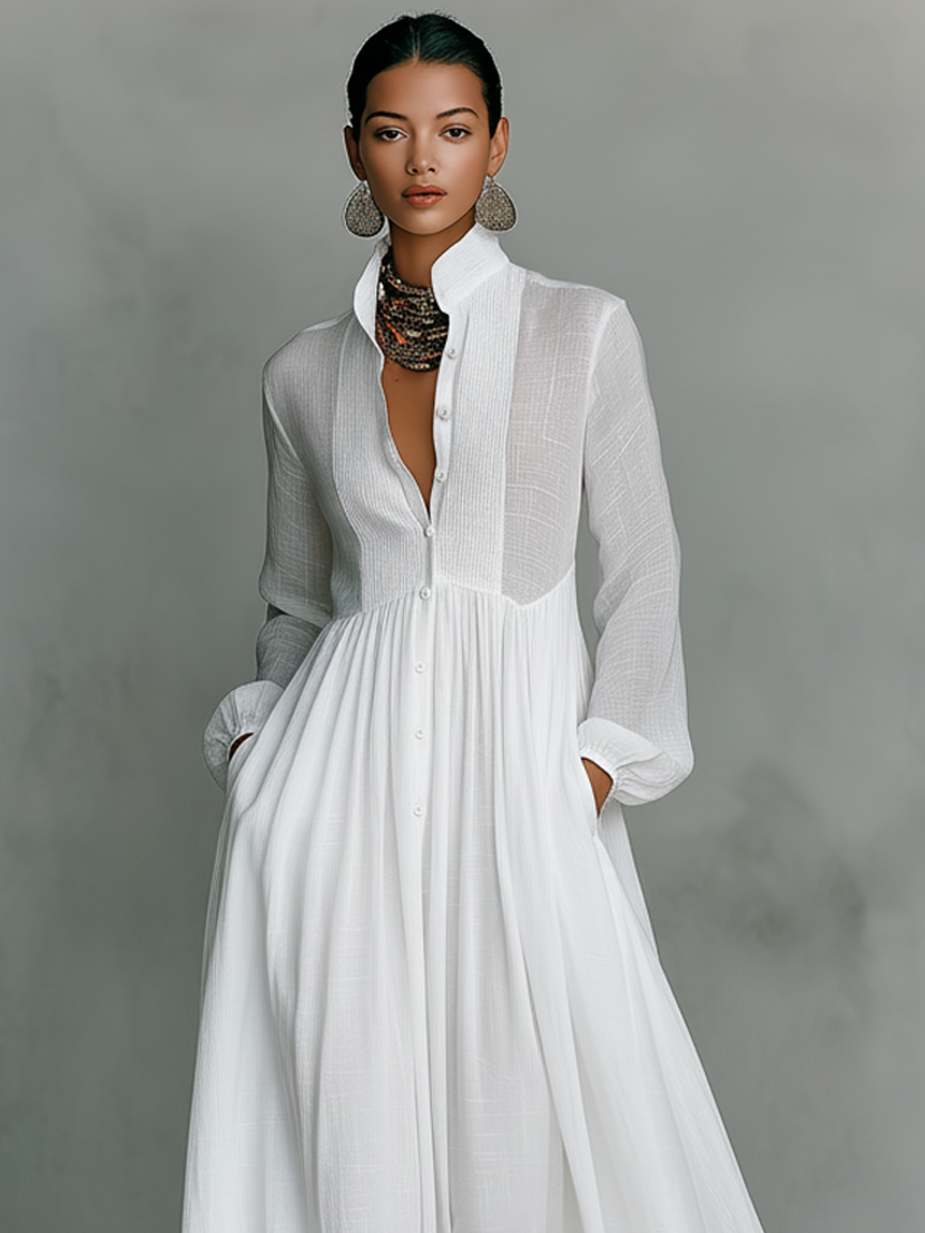 Maxi Kleid mit Stehkragen aus Patchwork-Leinen