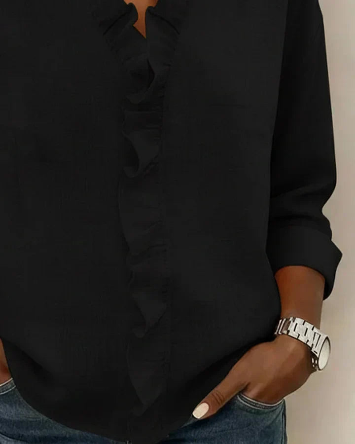 Indie | Bluse mit Rüschen, V-Ausschnitt und langen Ärmeln" 

Rewritten: "Indie | Ruffled Blouse with V-Neck and Long Sleeves