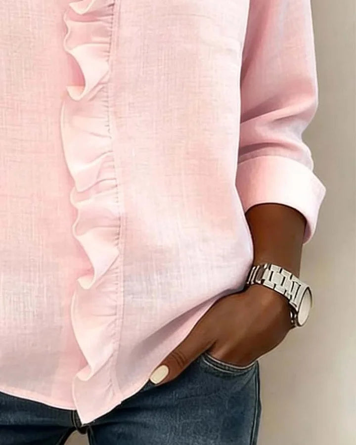 Indie | Bluse mit Rüschen, V-Ausschnitt und langen Ärmeln" 

Rewritten: "Indie | Ruffled Blouse with V-Neck and Long Sleeves