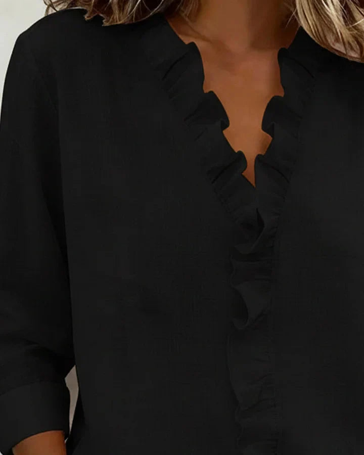 Indie | Bluse mit Rüschen, V-Ausschnitt und langen Ärmeln" 

Rewritten: "Indie | Ruffled Blouse with V-Neck and Long Sleeves