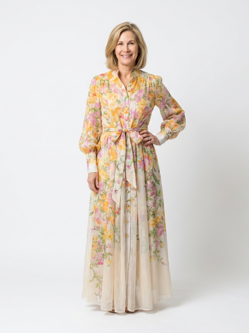Cressida | Langarm Maxi-Kleid mit Floral-Transparenz