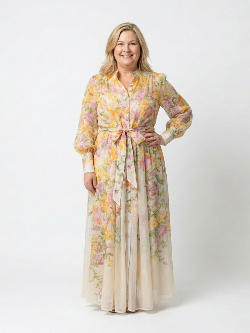 Cressida | Langarm Maxi-Kleid mit Floral-Transparenz