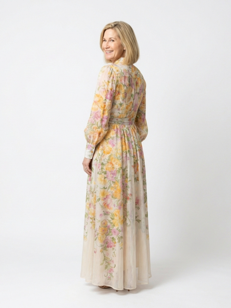 Cressida | Langarm Maxi-Kleid mit Floral-Transparenz