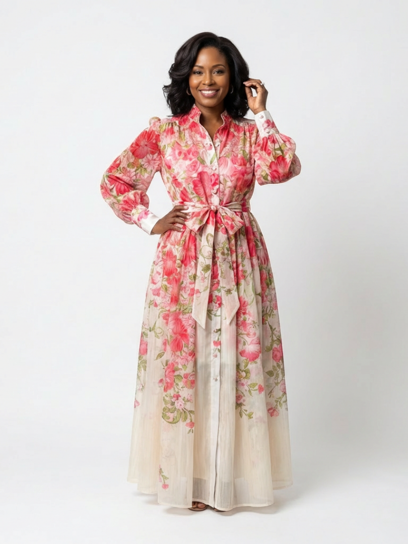 Cressida | Langarm Maxi-Kleid mit Floral-Transparenz