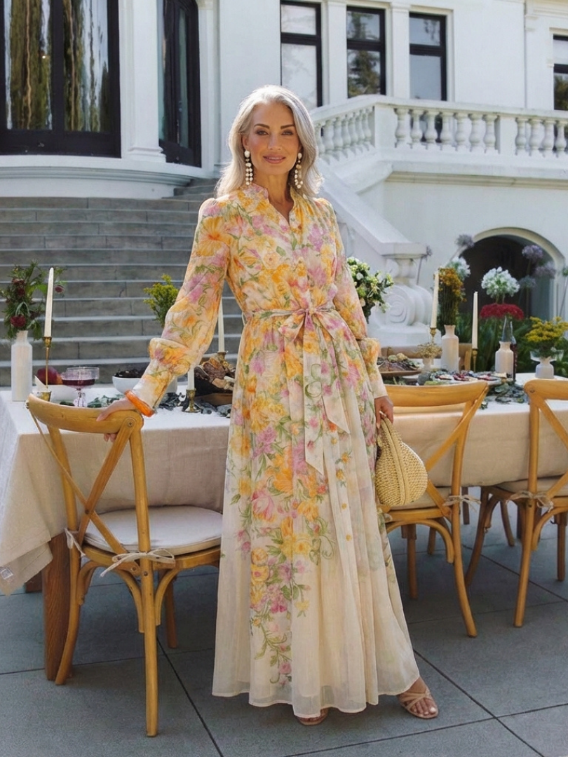 Cressida | Langarm Maxi-Kleid mit Floral-Transparenz